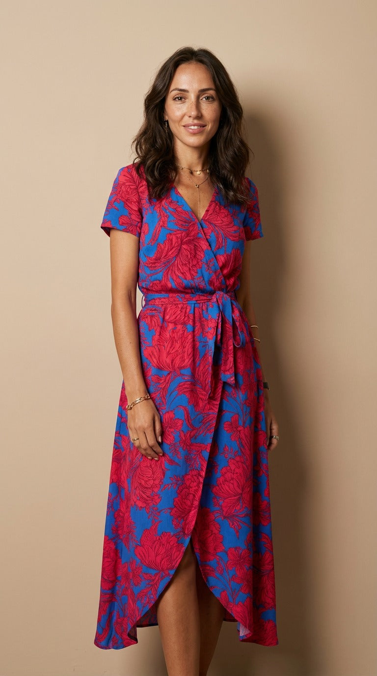 Surplice Neck Floral Print Short Sleeve Tie Waist Wrap Midi Dress