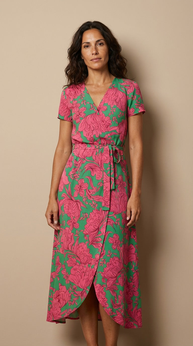 Surplice Neck Floral Print Short Sleeve Tie Waist Wrap Midi Dress 4