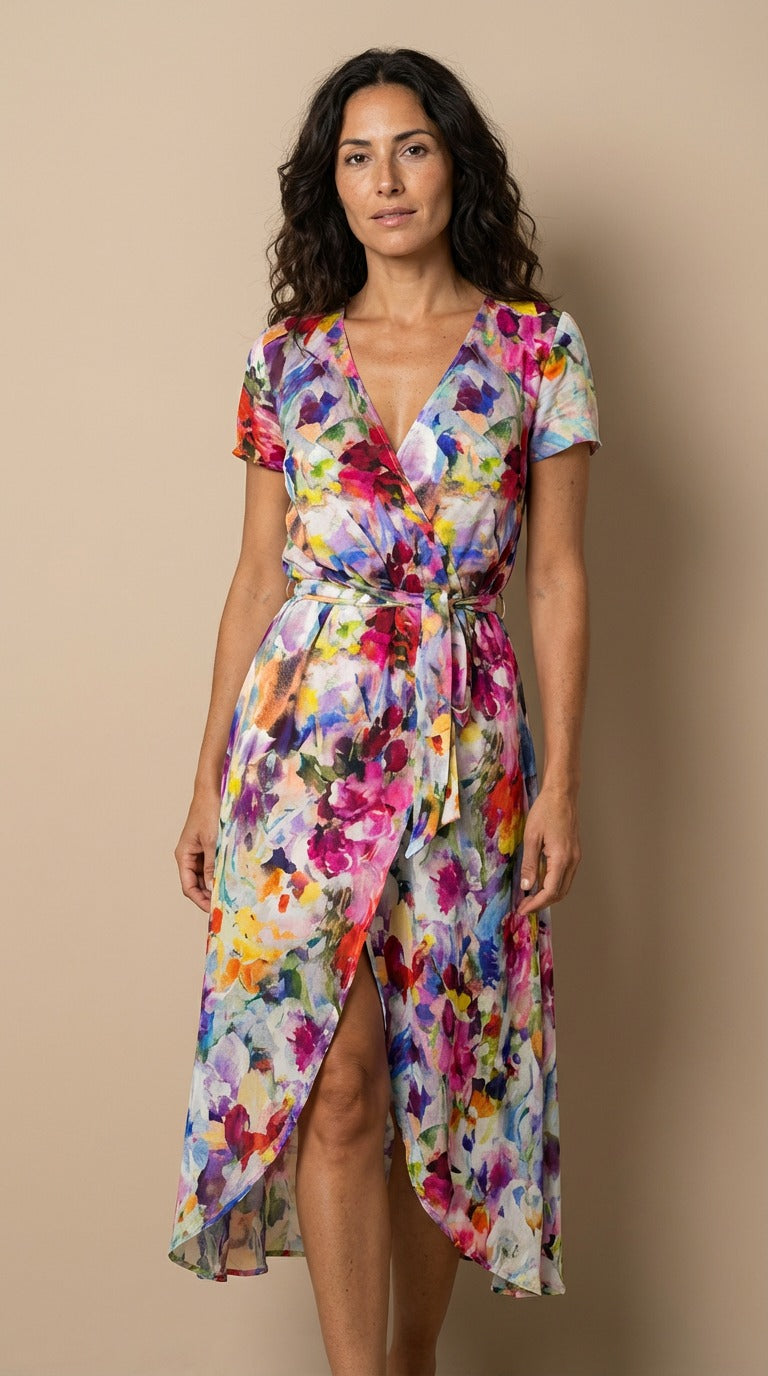 Surplice Neck Floral Print Short Sleeve Tie Waist Wrap Midi Dress 12