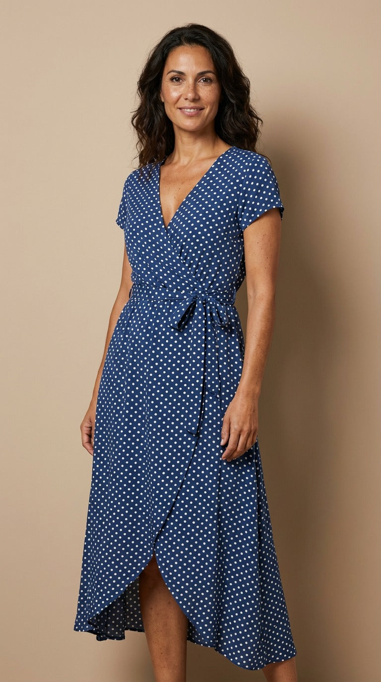 Surplice Neck Floral Print Short Sleeve Tie Waist Wrap Midi Dress 13