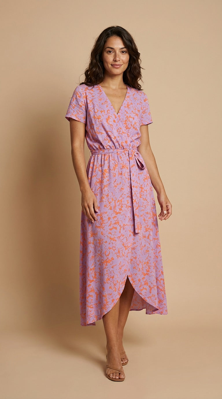 Surplice Neck Floral Print Short Sleeve Tie Waist Wrap Midi Dress 14