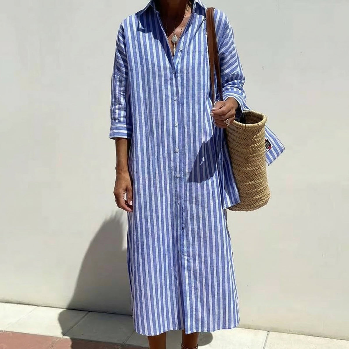Collared Striped Long Sleeve Button Front Shift Maxi Shirt Dress