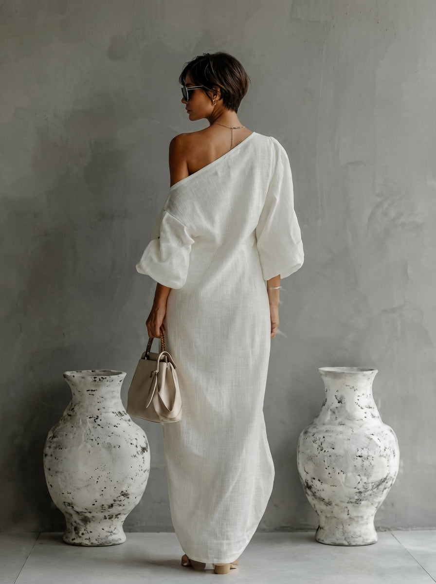 Asymmetric One Shoulder Crinkle Linen Long Sleeve Loose Maxi Dress
