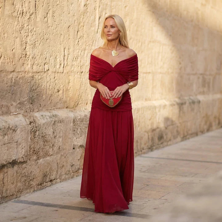 Red Off-Shoulder Twist Front Ruched Chiffon Flowy Maxi Dress