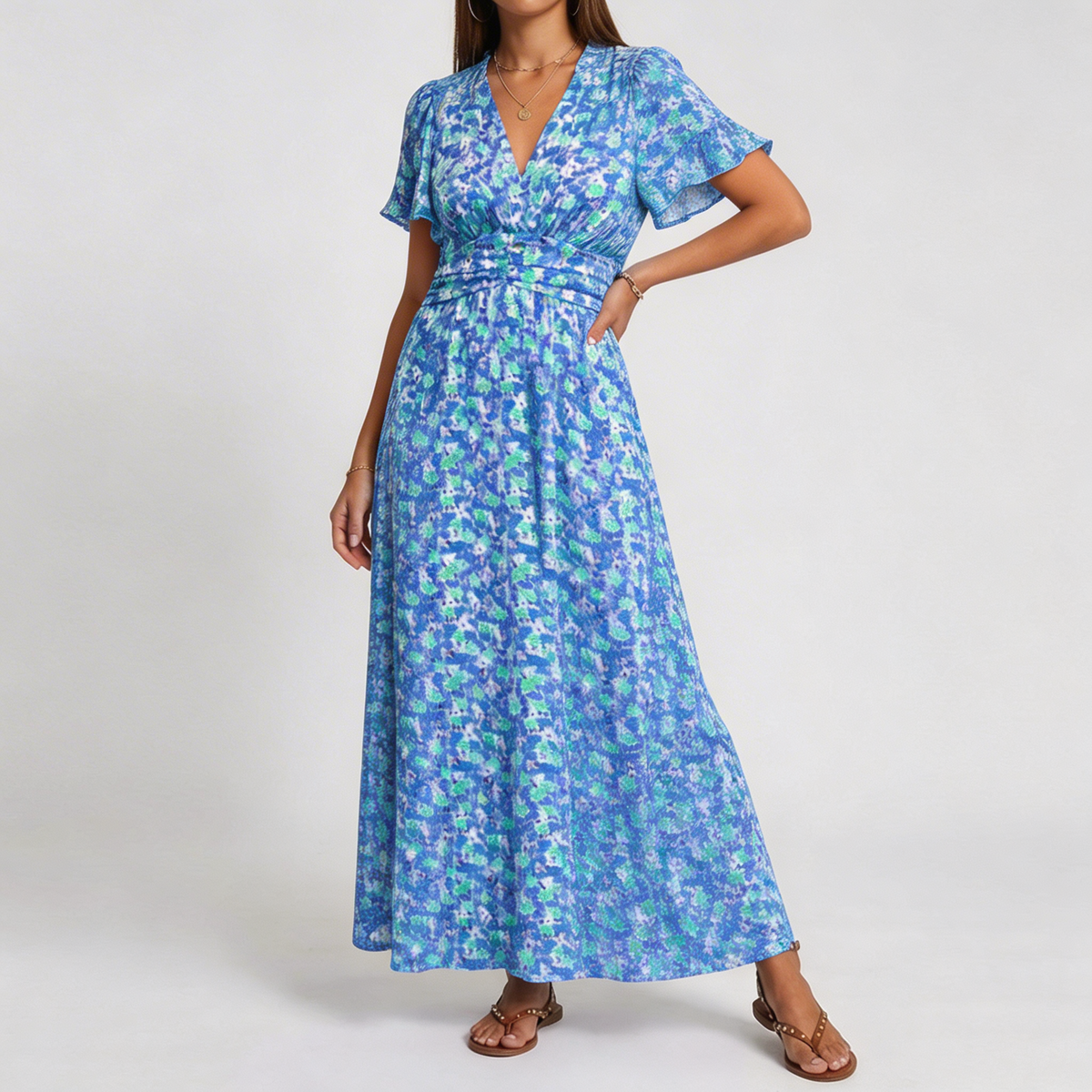 Surplice V-Neck Flutter Sleeve Ditsy Floral Pleated Maxi Dress 4