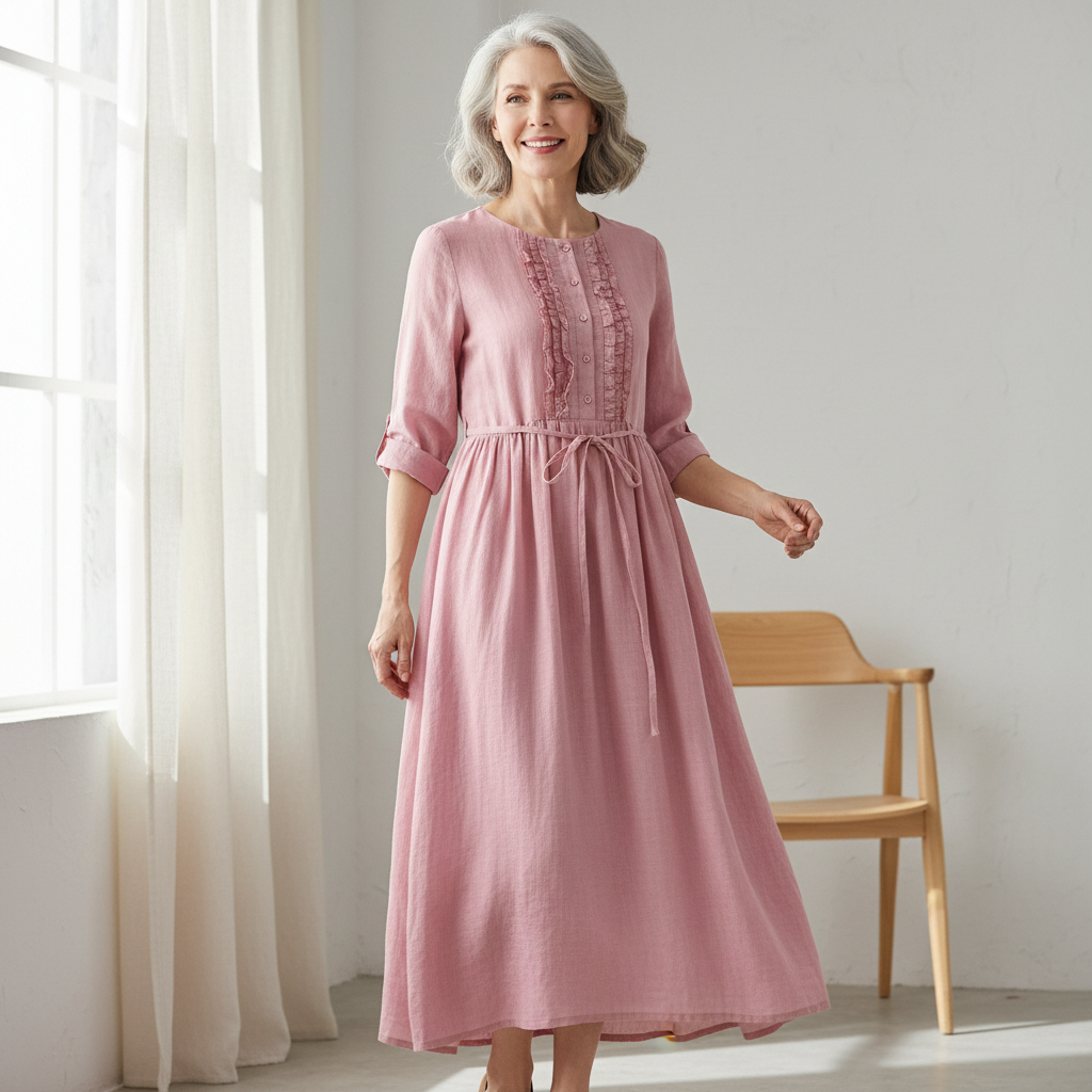 Round Neck Ruffle Placket Roll Sleeve Drawstring Linen Maxi Dress