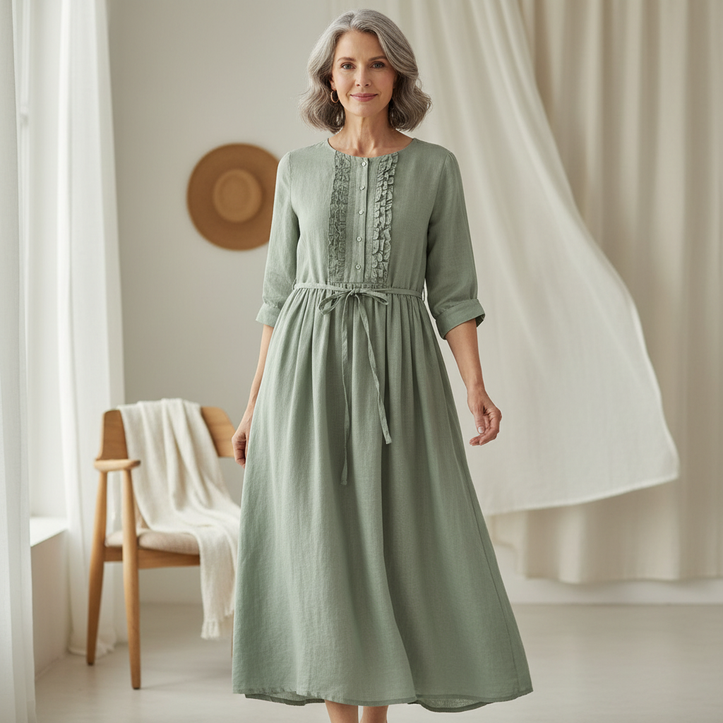Round Neck Ruffle Placket Roll Sleeve Drawstring Linen Maxi Dress
