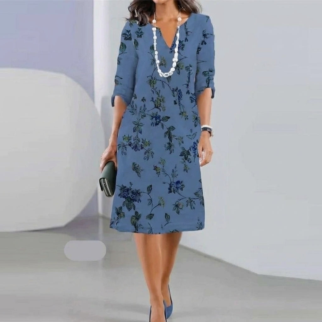 V-Neck Floral Print Roll-Tab Sleeve Shift Midi Dress
