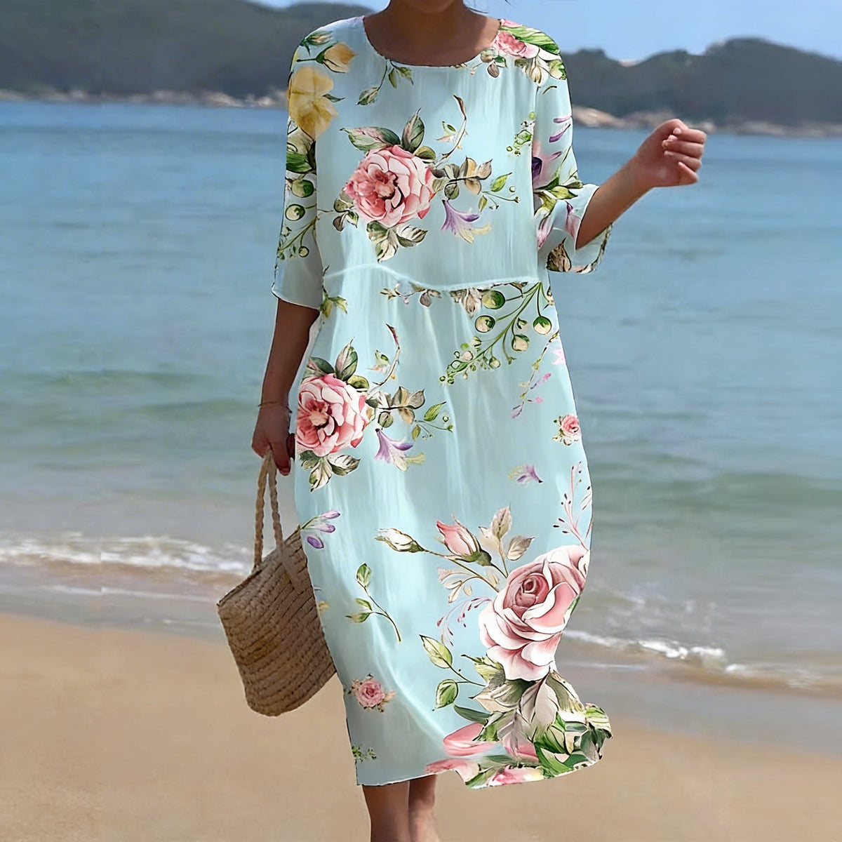 Round Neck Rose Floral Print Half Sleeve Shift Midi Dress 2