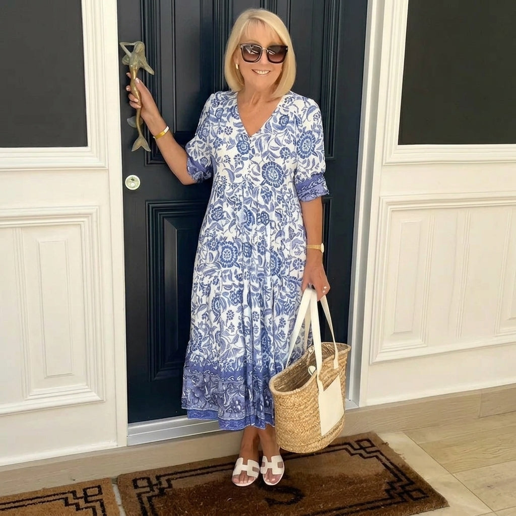 V-Neck Puff Sleeve Paisley Floral Tiered Flowy Maxi Dress 6