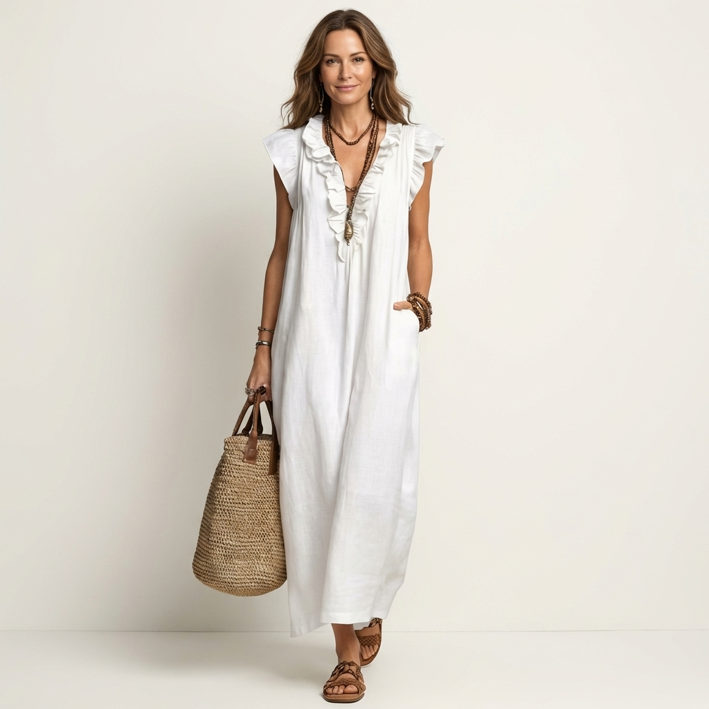 Ruffle V-Neck Flutter Sleeve Linen A-Line Maxi Dress 11