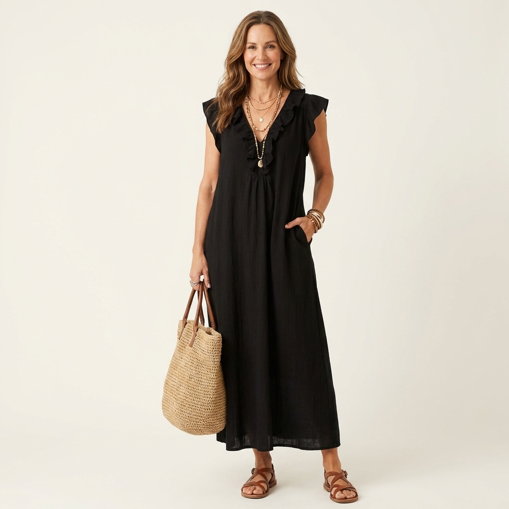 Ruffle V-Neck Flutter Sleeve Linen A-Line Maxi Dress 9