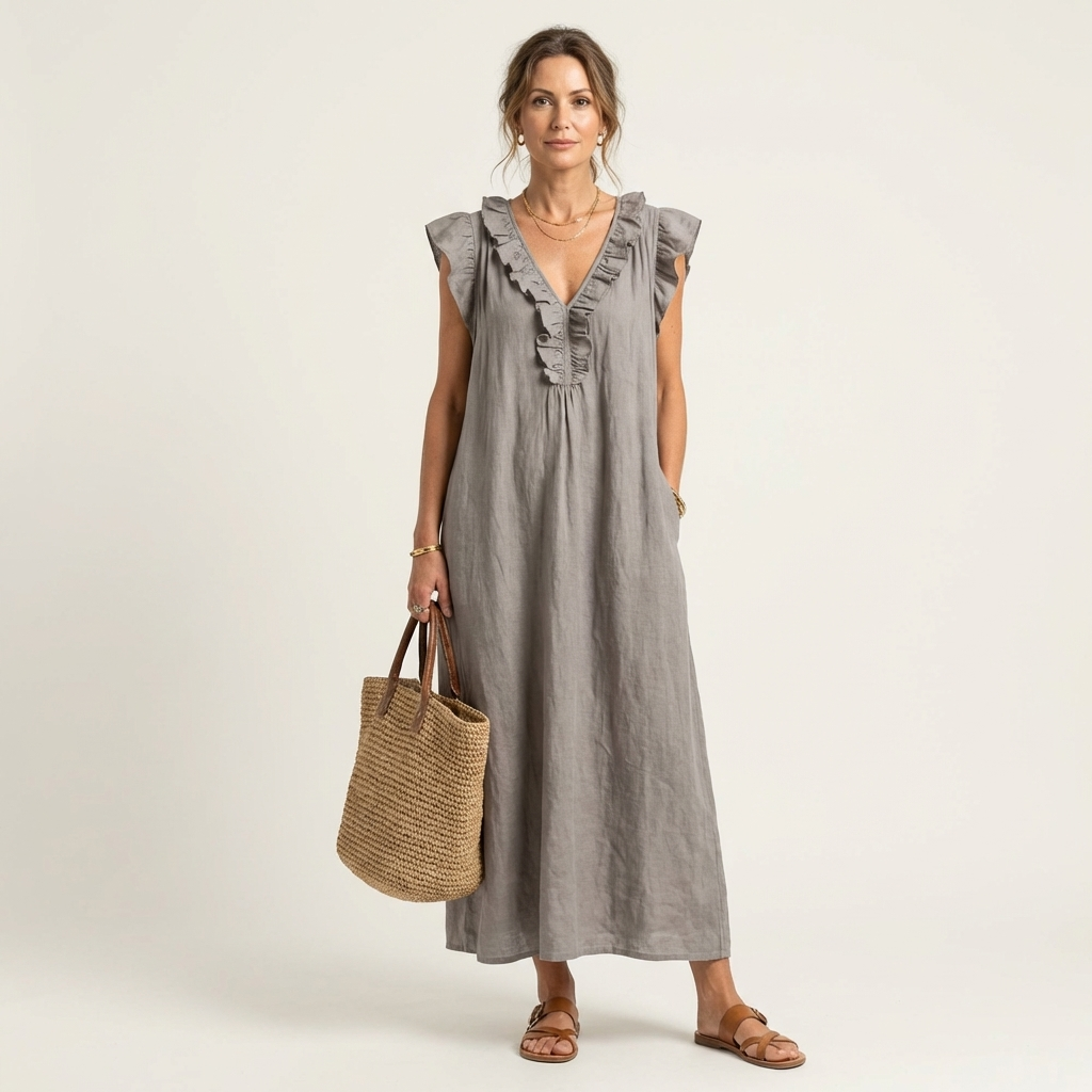 Ruffle V-Neck Flutter Sleeve Linen A-Line Maxi Dress