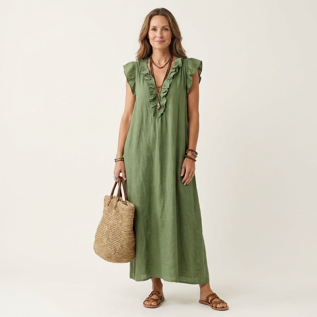 Ruffle V-Neck Flutter Sleeve Button Placket Linen Maxi Dress 5