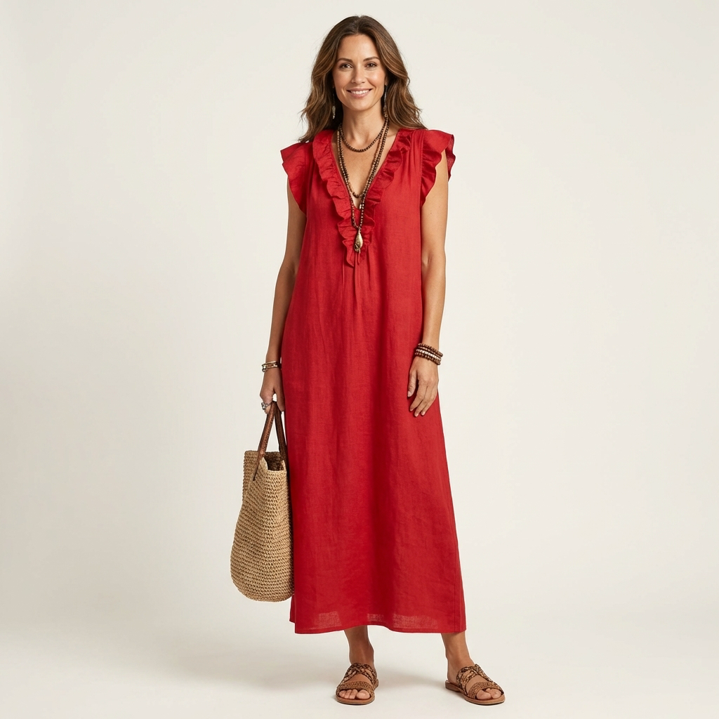 Ruffle V-Neck Flutter Sleeve Button Placket Linen Maxi Dress 3
