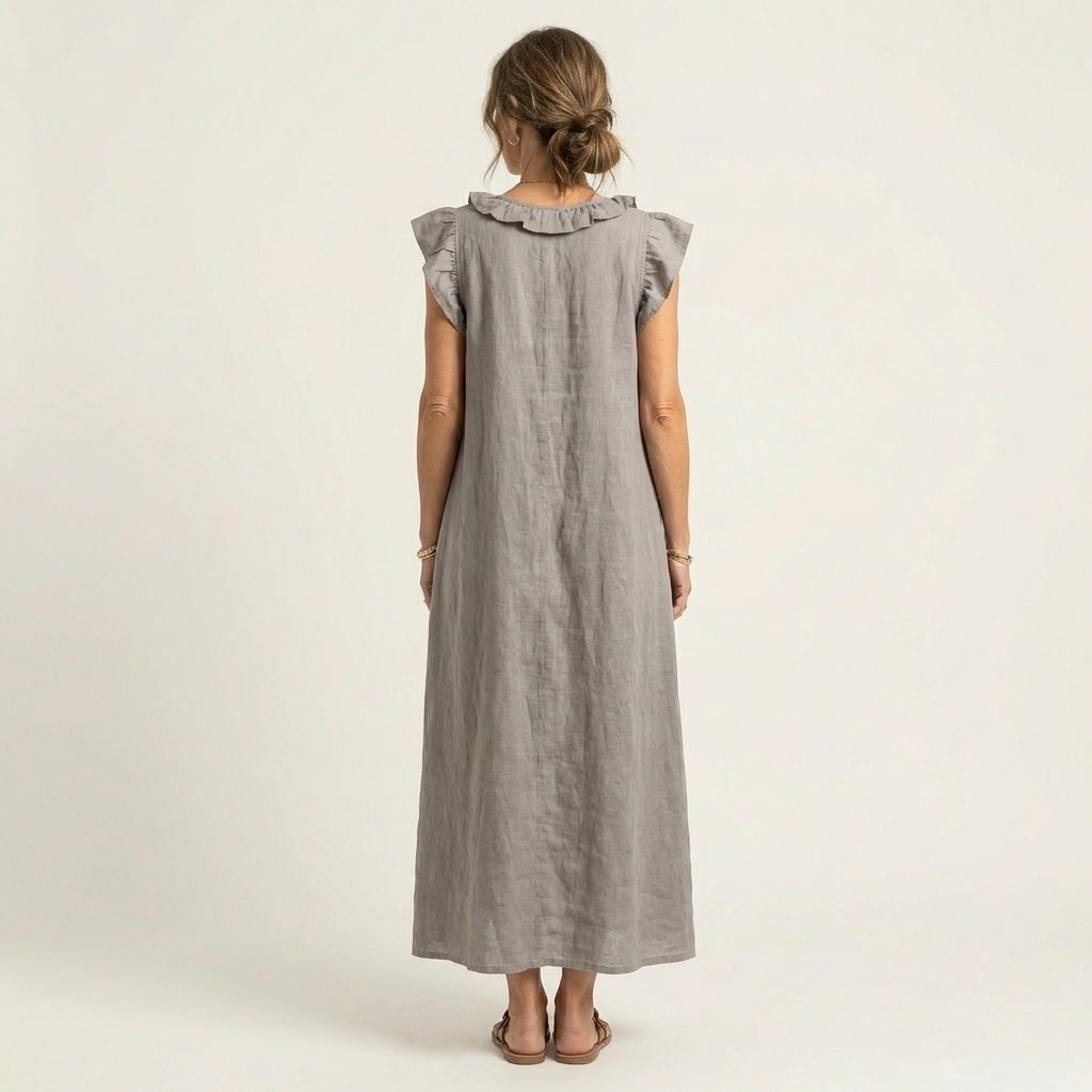 Ruffle V-Neck Flutter Sleeve Button Placket Linen Maxi Dress 2