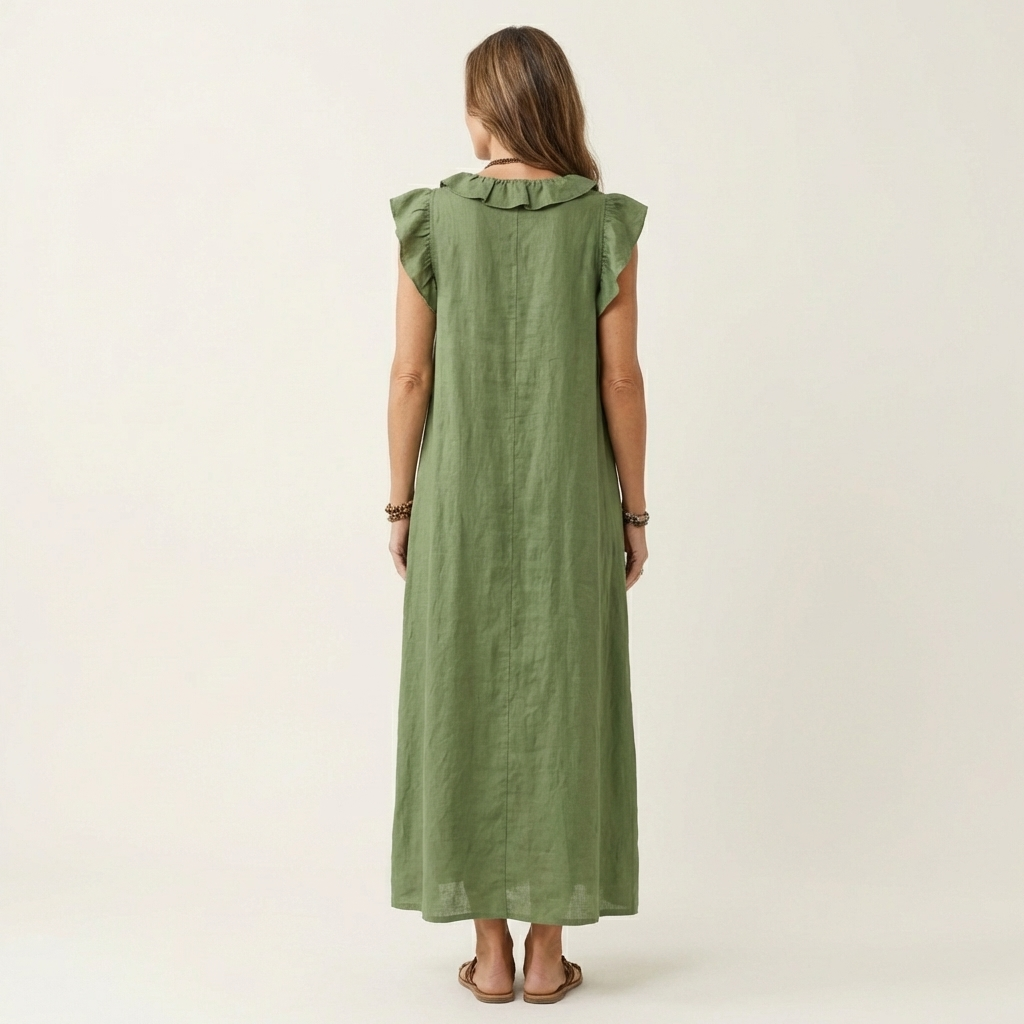 Ruffle V-Neck Flutter Sleeve Button Linen A-Line Maxi Dress 6