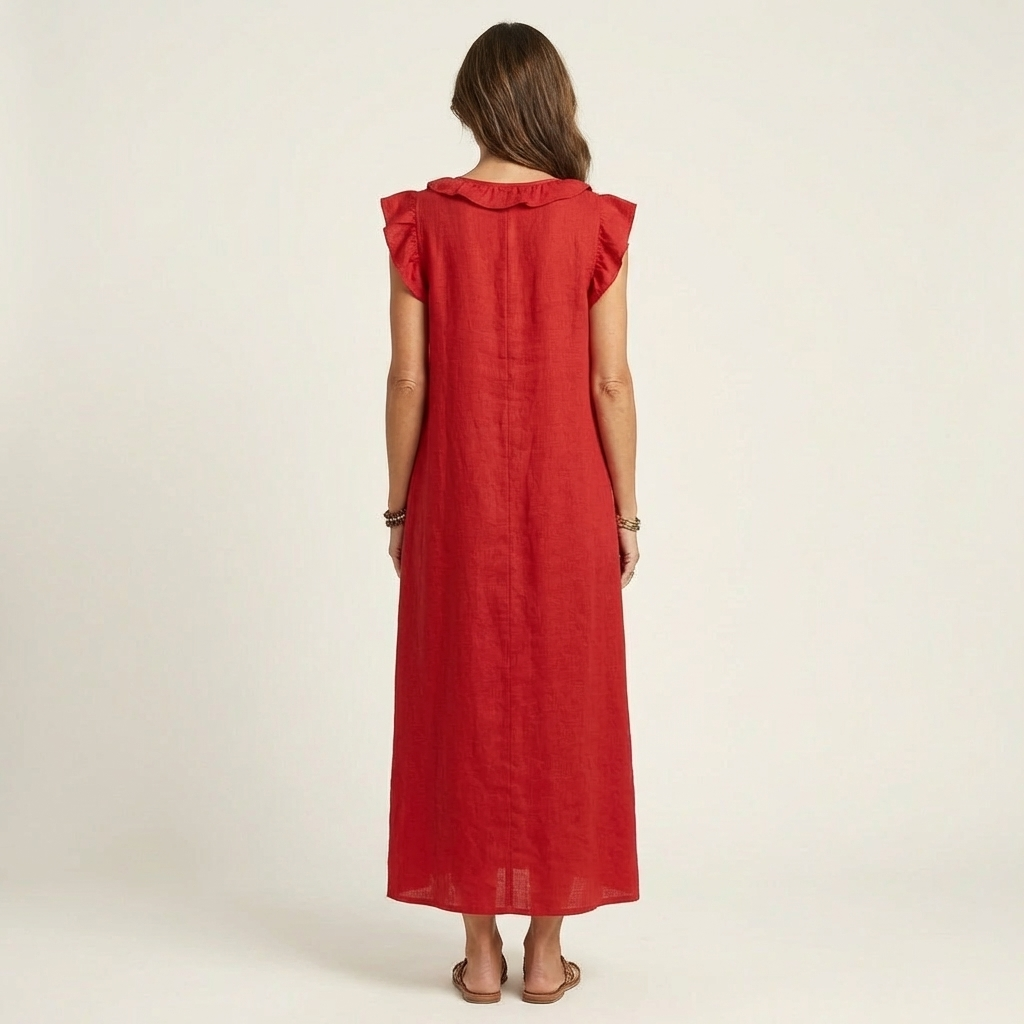 Ruffle V-Neck Flutter Sleeve Button Linen A-Line Maxi Dress 4