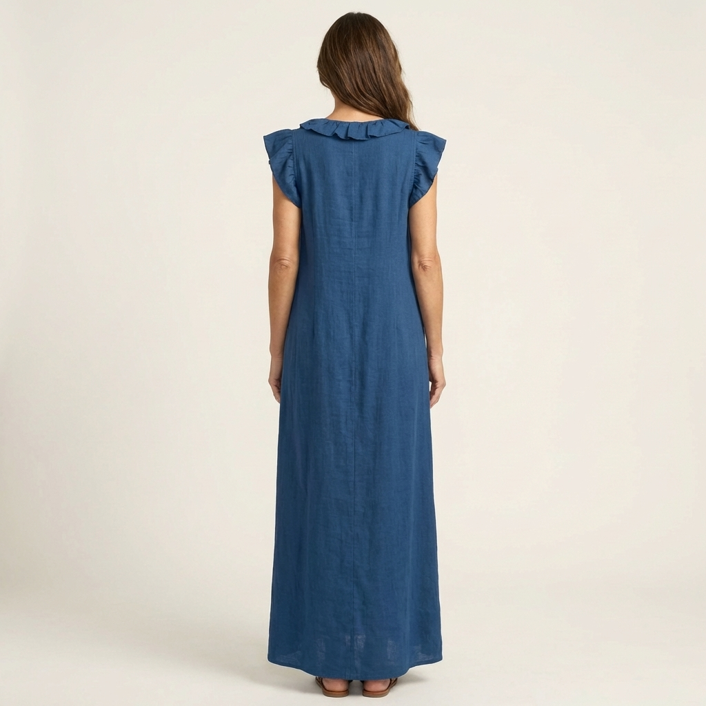 Ruffle V-Neck Flutter Sleeve Button Linen A-Line Maxi Dress 8