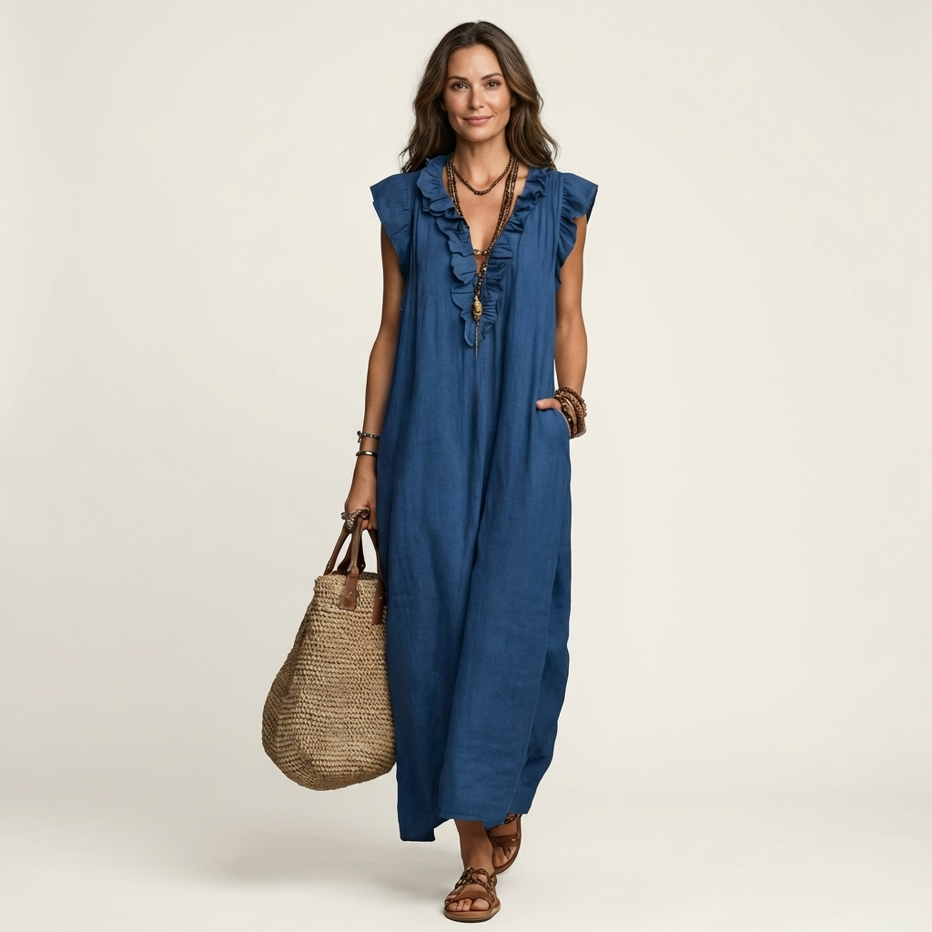 Ruffle V-Neck Flutter Sleeve Button Linen A-Line Maxi Dress 7