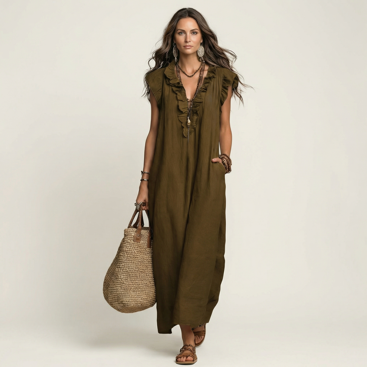 Ruffle V-Neck Flutter Sleeve Button Linen A-Line Maxi Dress 14