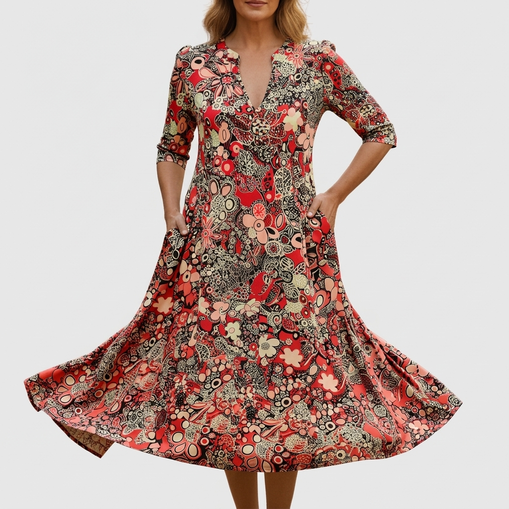 V-Neck Three Quarter Sleeve Floral Button Front A-Line Midi Dress