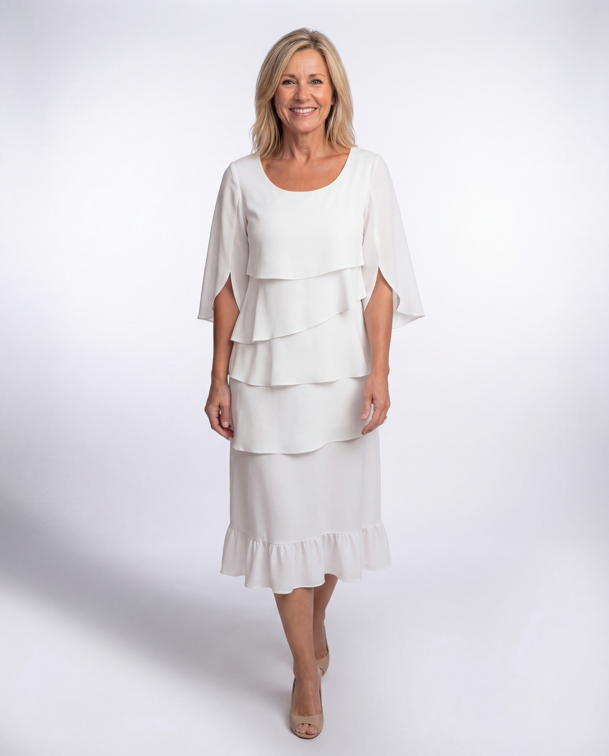 Round Neck Flutter Sleeve Layered Tiered Chiffon Shift Midi Dress 4