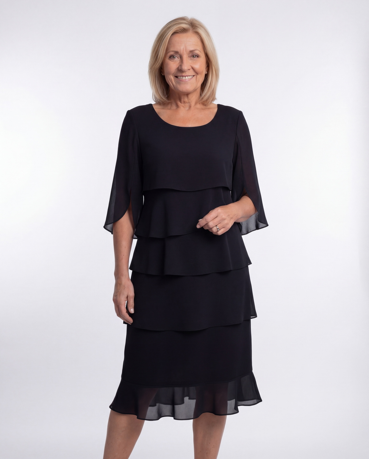 Round Neck Flutter Sleeve Layered Tiered Chiffon Shift Midi Dress 7