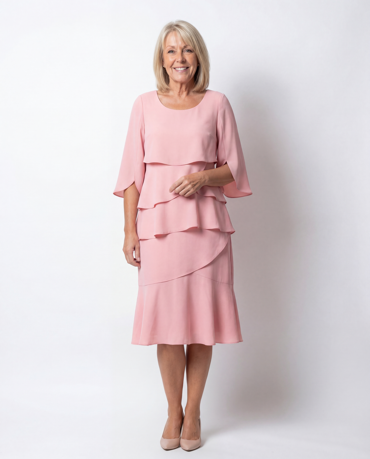 Round Neck Flutter Sleeve Layered Tiered Chiffon Shift Midi Dress 11