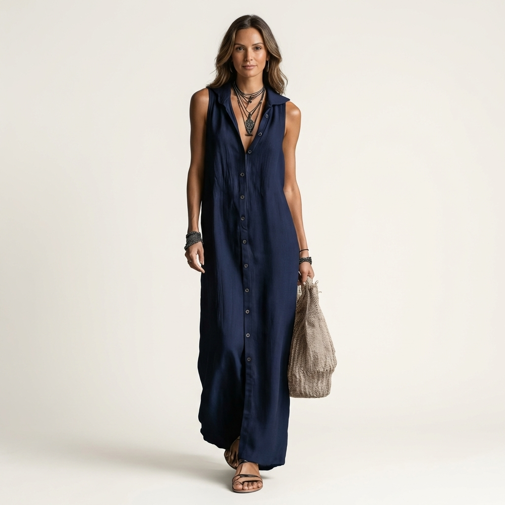 Collared Button Front Sleeveless Shirt Maxi Dress