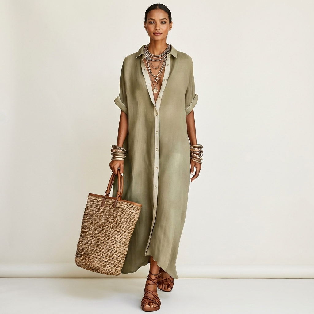 Collared Contrast Placket Short Sleeve Linen Button-Front Shirt Maxi Dress 3