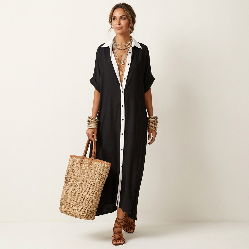 Collared Contrast Placket Short Sleeve Linen Button-Front Shirt Maxi Dress 5