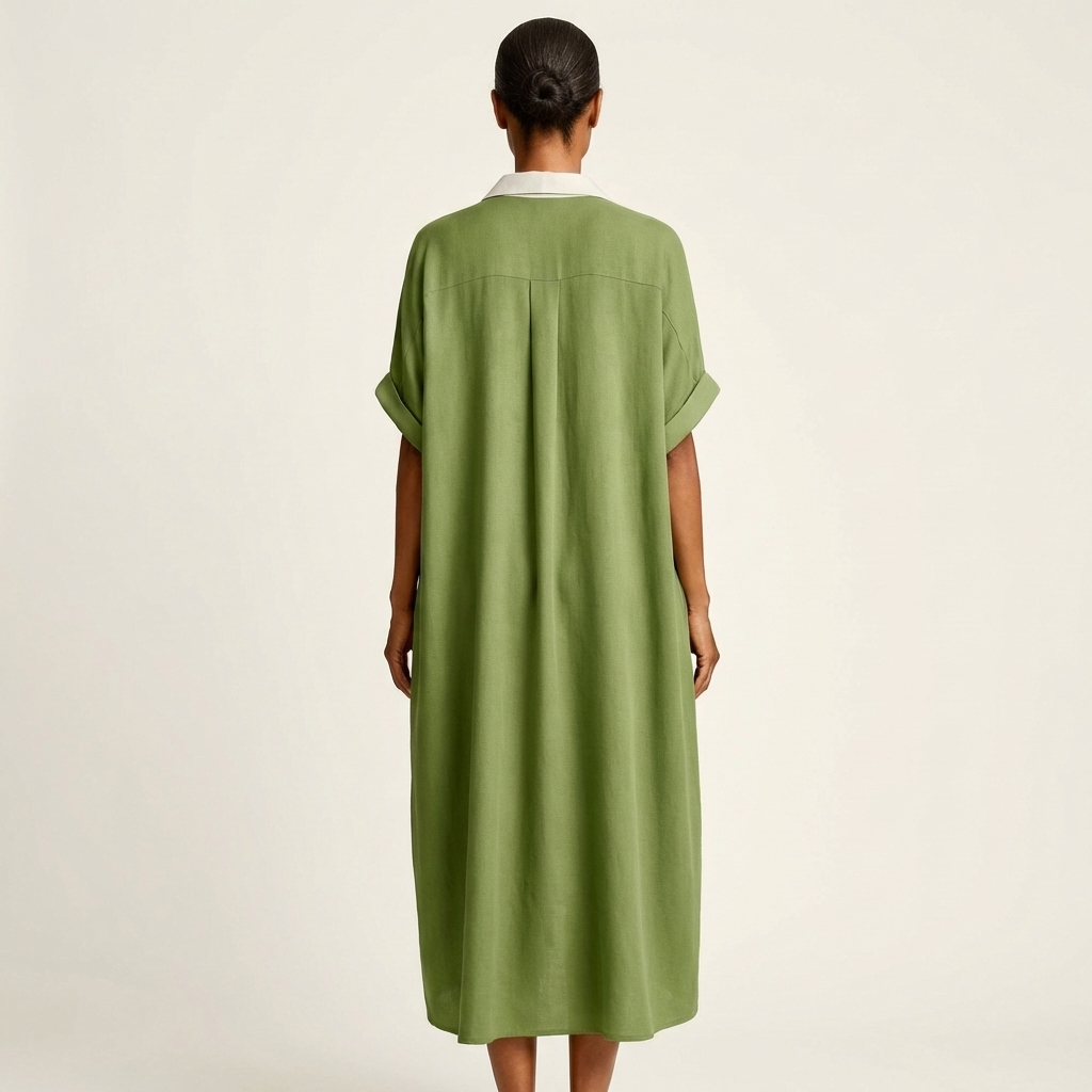 Collared Contrast Placket Short Sleeve Linen Button-Front Shirt Maxi Dress 10