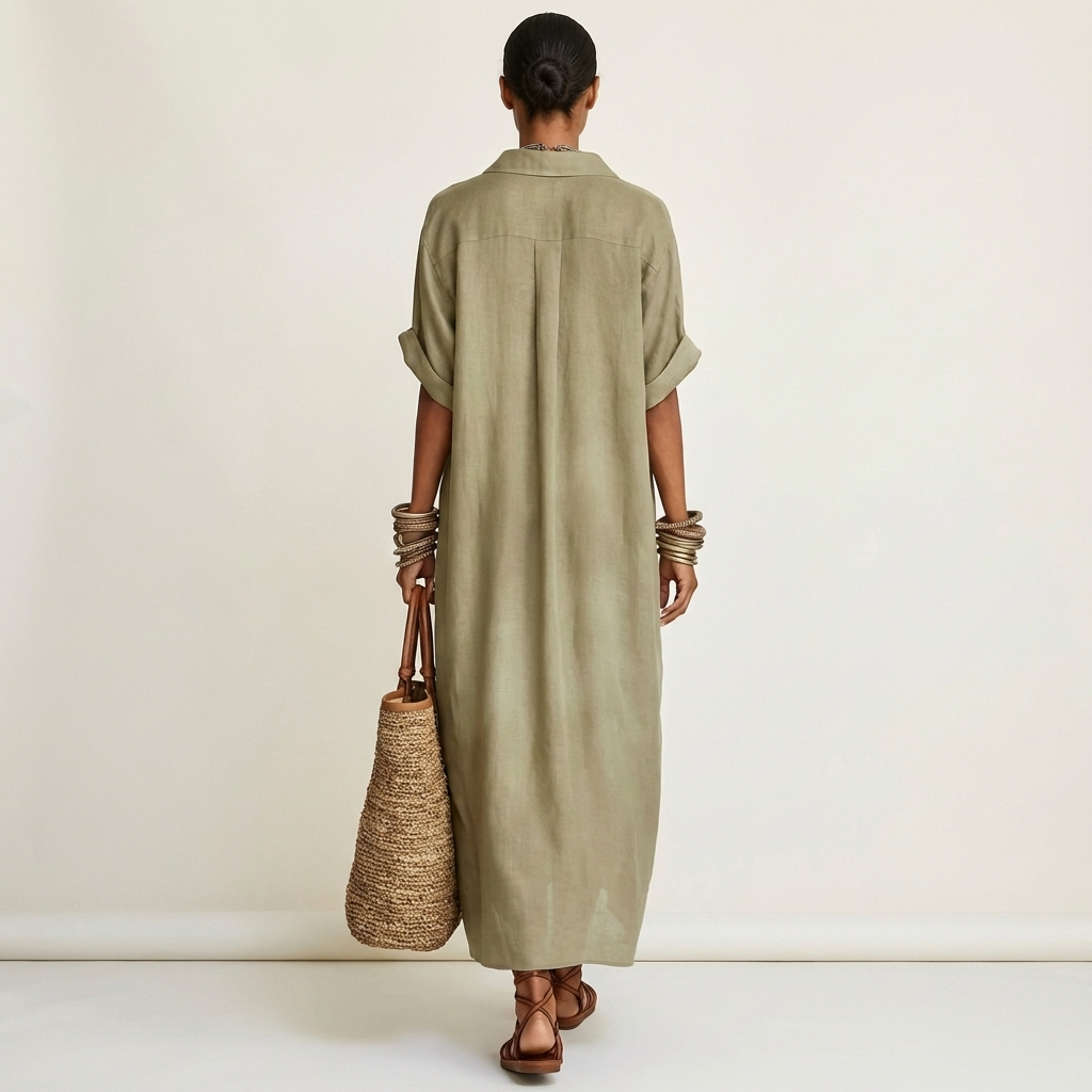 Collared Contrast Placket Button Front Short Sleeve Oversized Shirt Maxi Dress 4