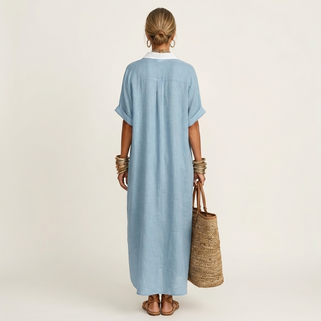 Collared Contrast Placket Short Sleeve Linen Button-Front Shirt Maxi Dress 2