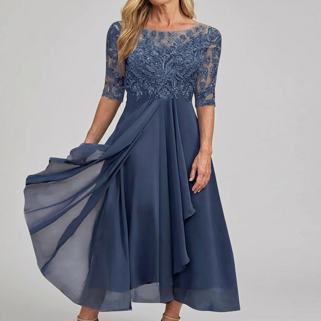Illusion Neck Half Sleeve Lace Sequin Chiffon A-Line Maxi Gown