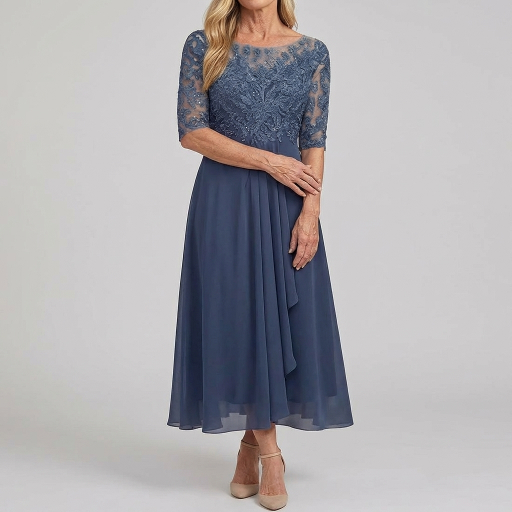 Illusion Neck Half Sleeve Lace Sequin Chiffon A-Line Maxi Gown 4
