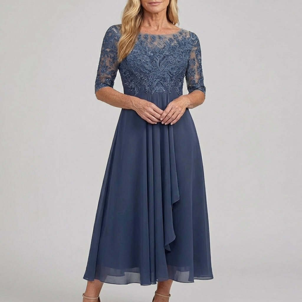 Illusion Neck Half Sleeve Lace Sequin Chiffon A-Line Maxi Gown 3