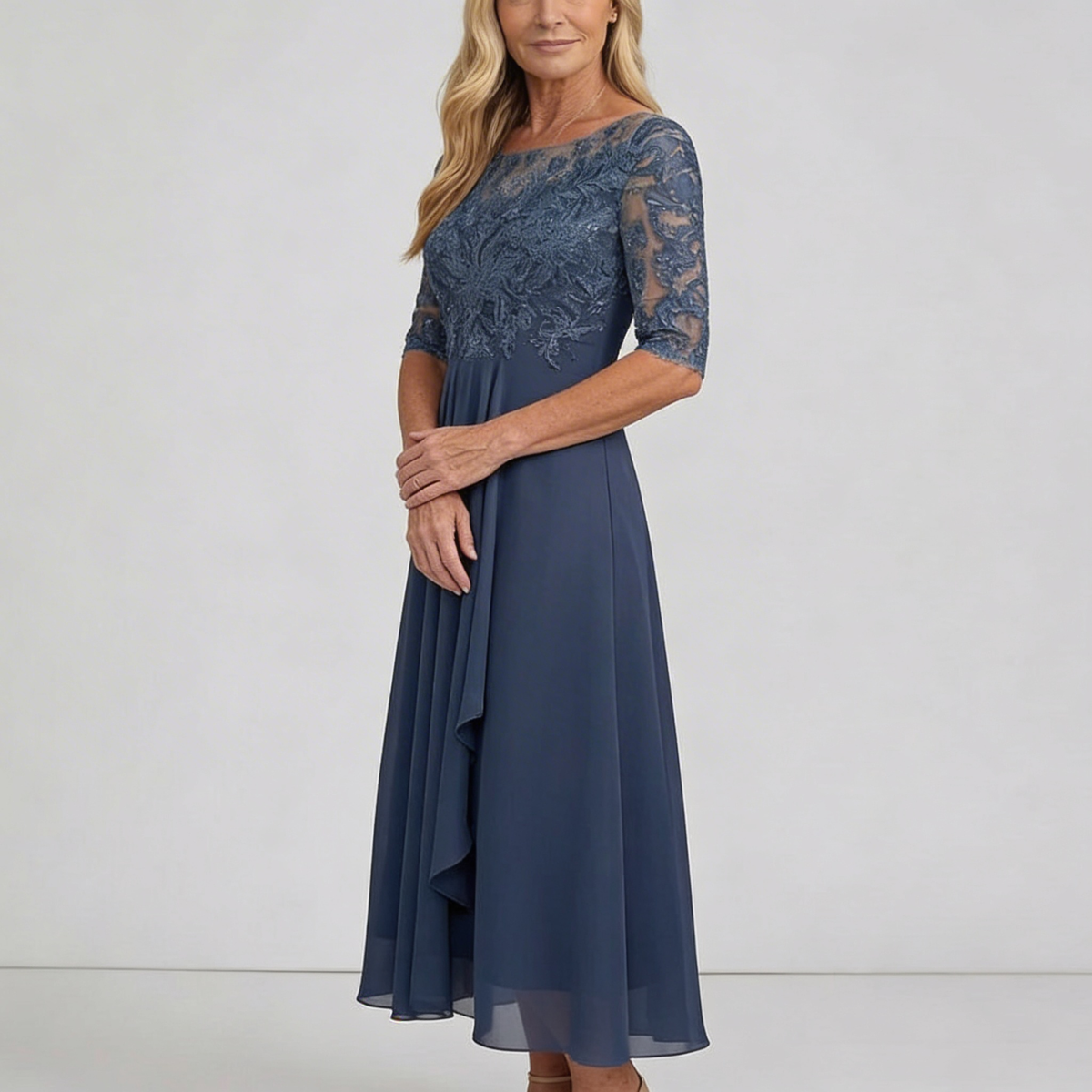 Illusion Neck Half Sleeve Lace Sequin Chiffon A-Line Maxi Gown 2