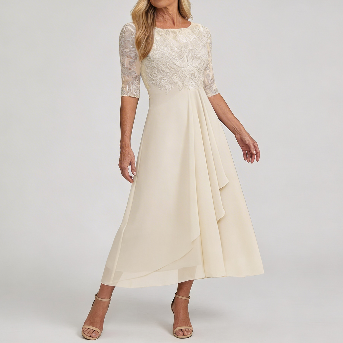 Illusion Neck Half Sleeve Lace Sequin Chiffon A-Line Maxi Gown 6