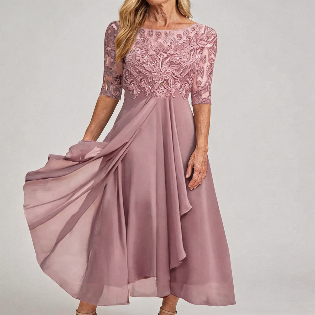 Illusion Neck Half Sleeve Lace Sequin Chiffon A-Line Maxi Gown 5