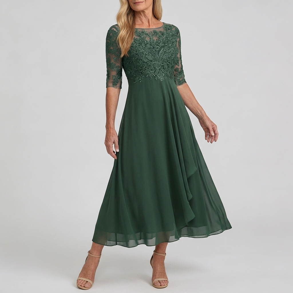 Illusion Neck Half Sleeve Lace Sequin Chiffon A-Line Maxi Gown 7
