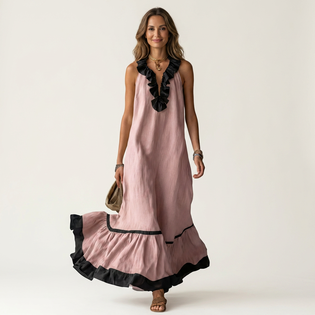 Ruffle V-Neck Sleeveless Contrast Trim Tiered Flowy Maxi Dress 7