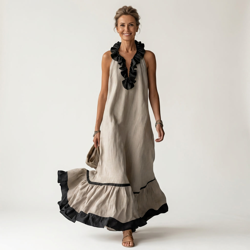 Ruffle V-Neck Sleeveless Contrast Trim Tiered Flowy Maxi Dress 13
