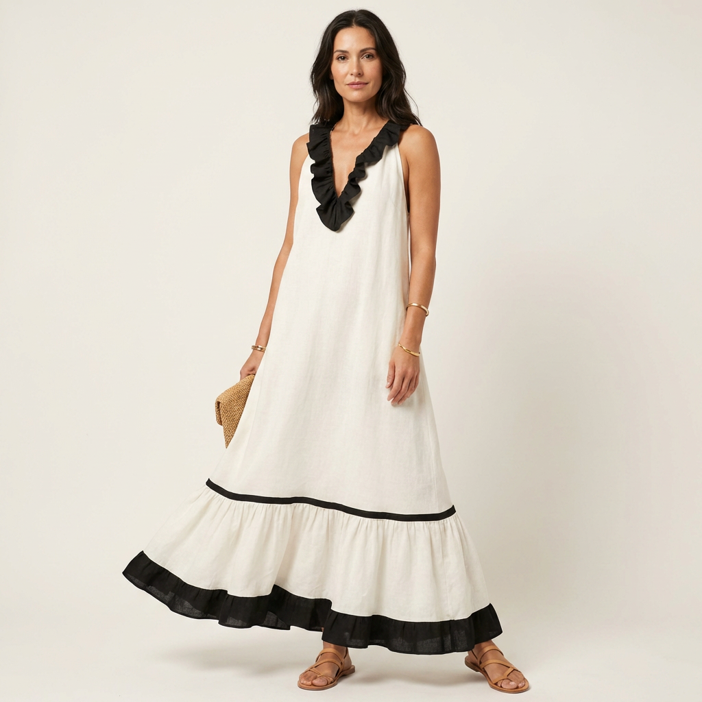 Ruffle V-Neck Sleeveless Contrast Trim Tiered Flowy Maxi Dress 11