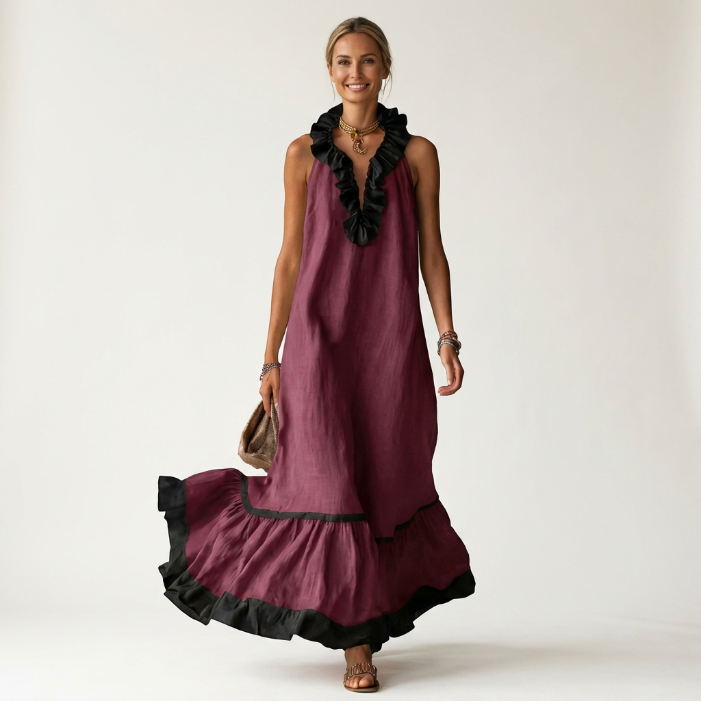 Ruffle V-Neck Sleeveless Contrast Trim Tiered Flowy Maxi Dress 9