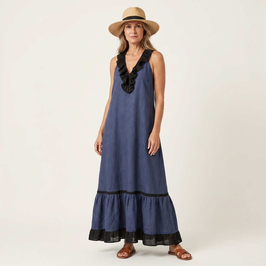 Ruffle V-Neck Sleeveless Contrast Trim Tiered Flowy Maxi Dress 5