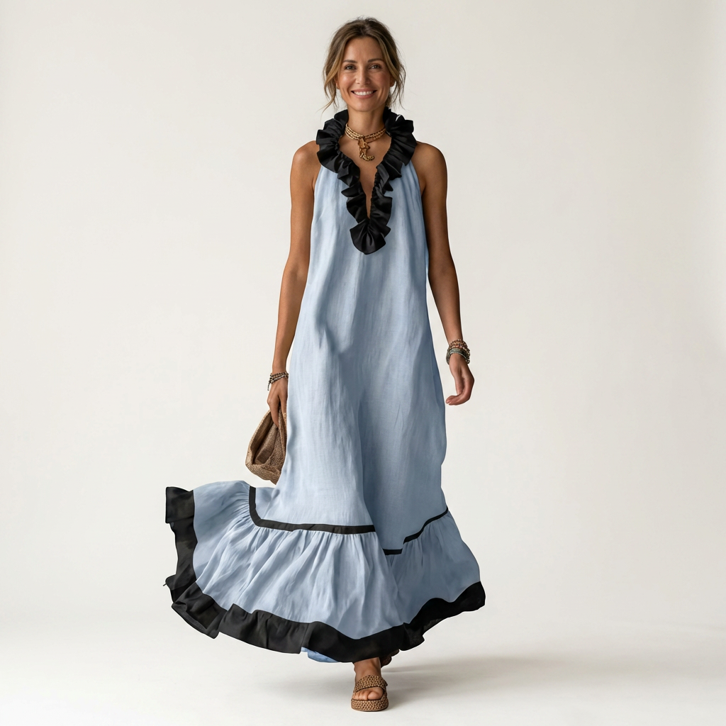 Ruffle V-Neck Sleeveless Contrast Trim Tiered Flowy Maxi Dress 3