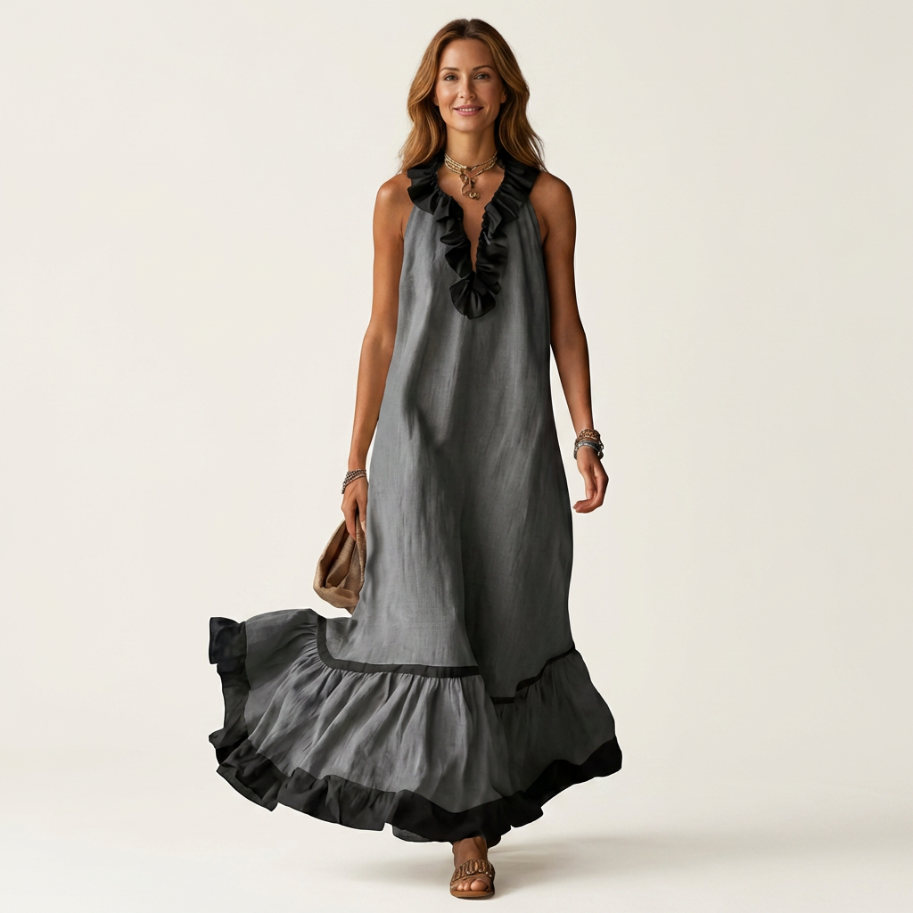 Ruffle V-Neck Sleeveless Contrast Trim Tiered Flowy Maxi Dress