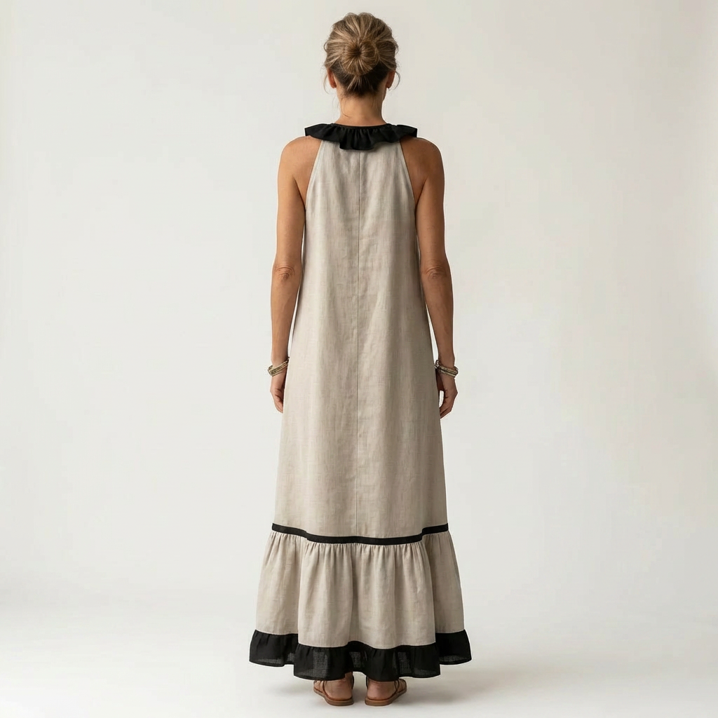 Ruffle V-Neck Sleeveless Contrast Trim Tiered Flowy Maxi Dress 14